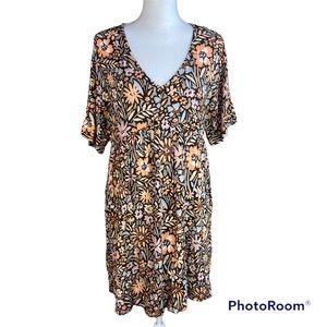 Andree by Unit Brown Floral Short Sleeve V Neck Dress Small NWT Boho